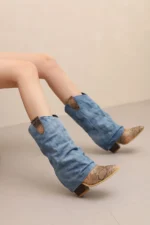 UNITYPUREMAX™ Women’s Snake Print Denim Ankle Boots | Western Pointed Toe Thick Heel 5