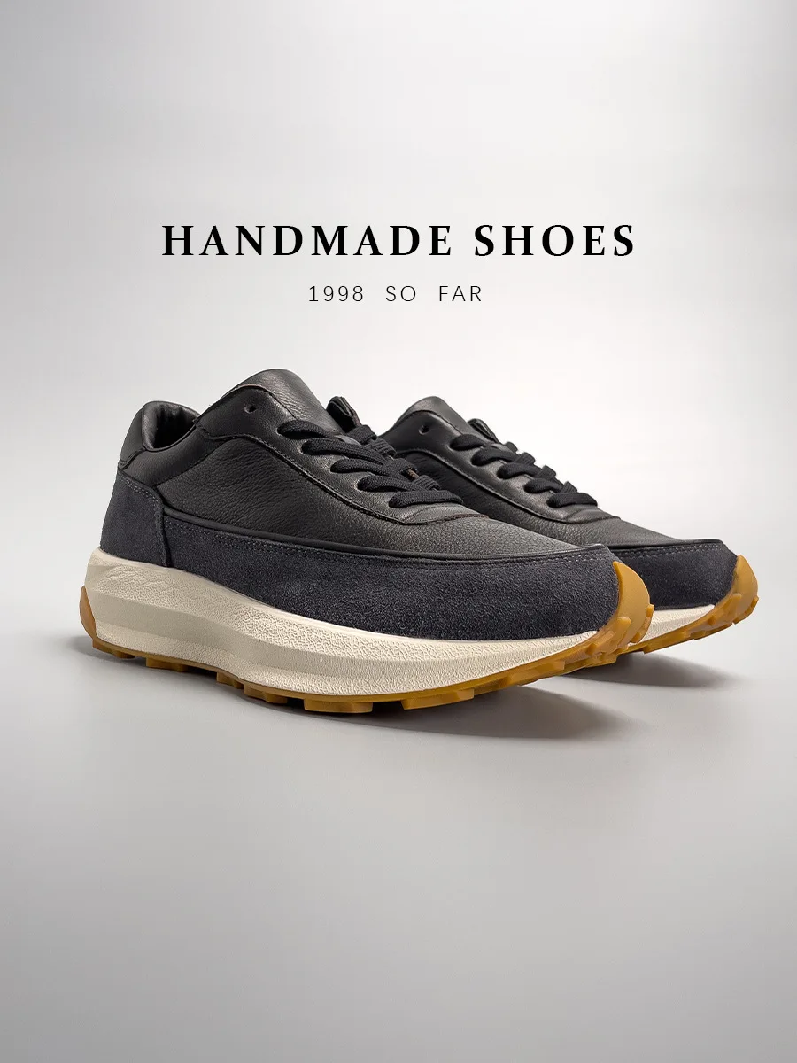 UNITYPUREMAX™ Handmade European Men’s Retro Running Shoes – Height Increasing Black Top-Grain Leather Chunky Sole Sneakers Best Handmade Leather Shoes