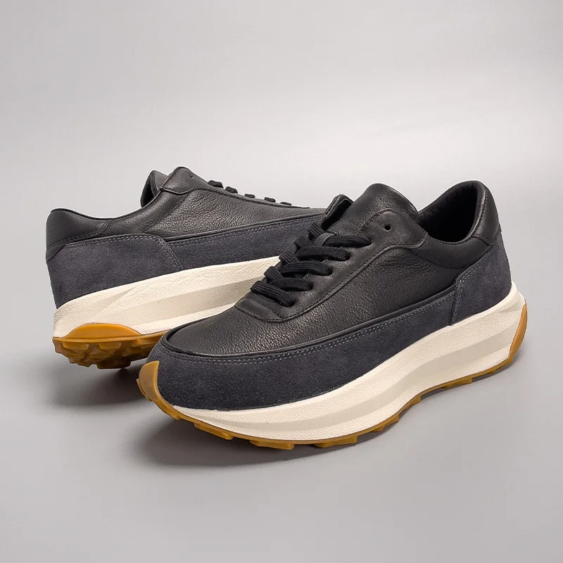 UNITYPUREMAX™ Handmade European Men’s Retro Running Shoes – Height Increasing Black Top-Grain Leather Chunky Sole Sneakers 3