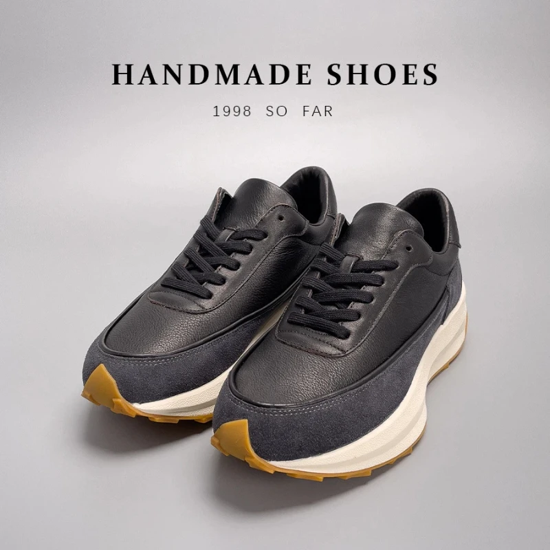 UNITYPUREMAX™ Handmade European Men’s Retro Running Shoes – Height Increasing Black Top-Grain Leather Chunky Sole Sneakers 4