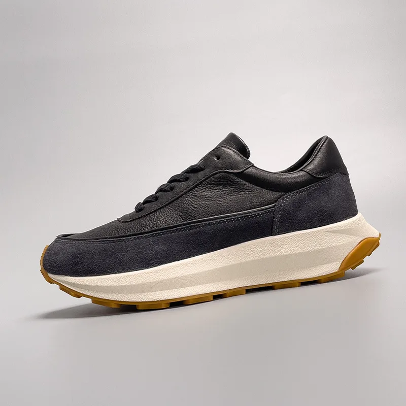 UNITYPUREMAX™ Handmade European Retro Running Shoes for Men – Height Increasing Black Top-Grain Leather Chunky Sole Sneakers