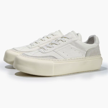 Men’s White Genuine Leather Platform Sneakers – Thick-Soled Low-Top Casual Shoes