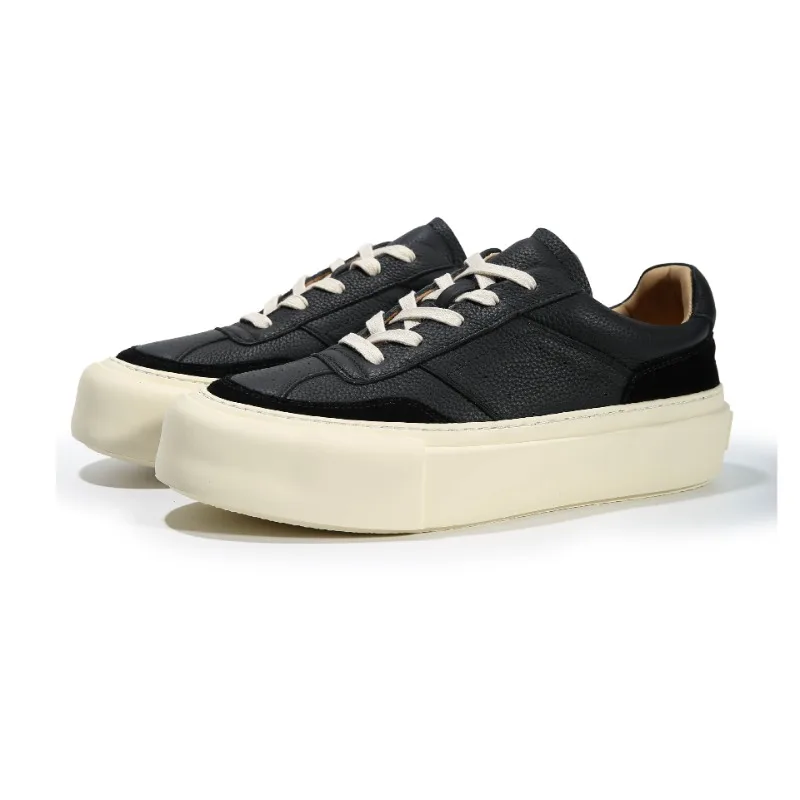 Men’s White Genuine Leather Platform Sneakers – Thick-Soled Low-Top Casual Shoes 3