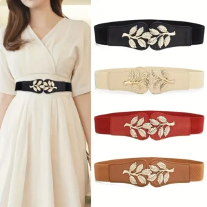 UNITYPUREMAX™ Gold Leaf Elastic Waist Belt – Wide Fashion Belt with Double Hook Buckle for Women Dresses & Skirts 1