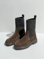 UNITYPUREMAX™ Women’s Cow Suede Mid-Calf Riding Boots – Waterproof Knitted Hoof Heel Winter Boots 5