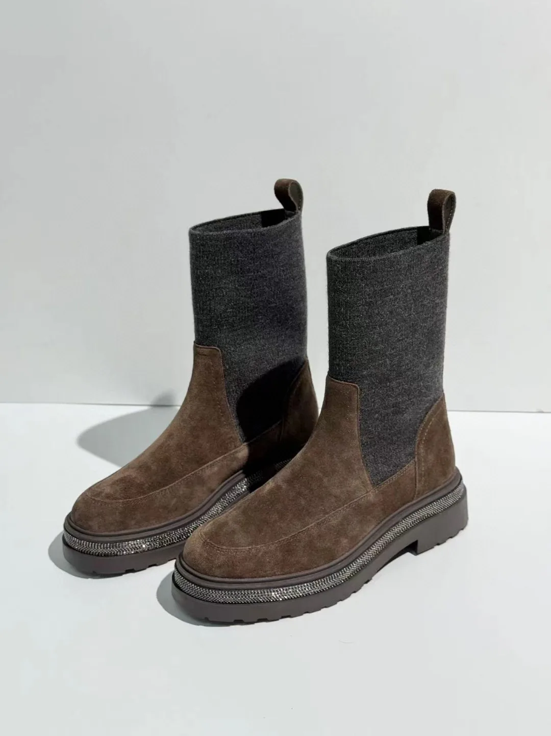 UNITYPUREMAX™ Women’s Cow Suede Mid-Calf Riding Boots – Waterproof Knitted Hoof Heel Winter Boots 5