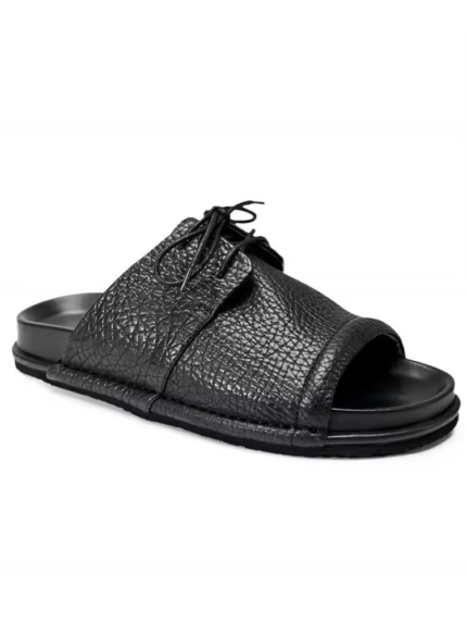 UNITYPUREMAX™ Men’s Cowhide Leather Open-Toe Slides – Summer Lace-Up Roman Beach Sandals