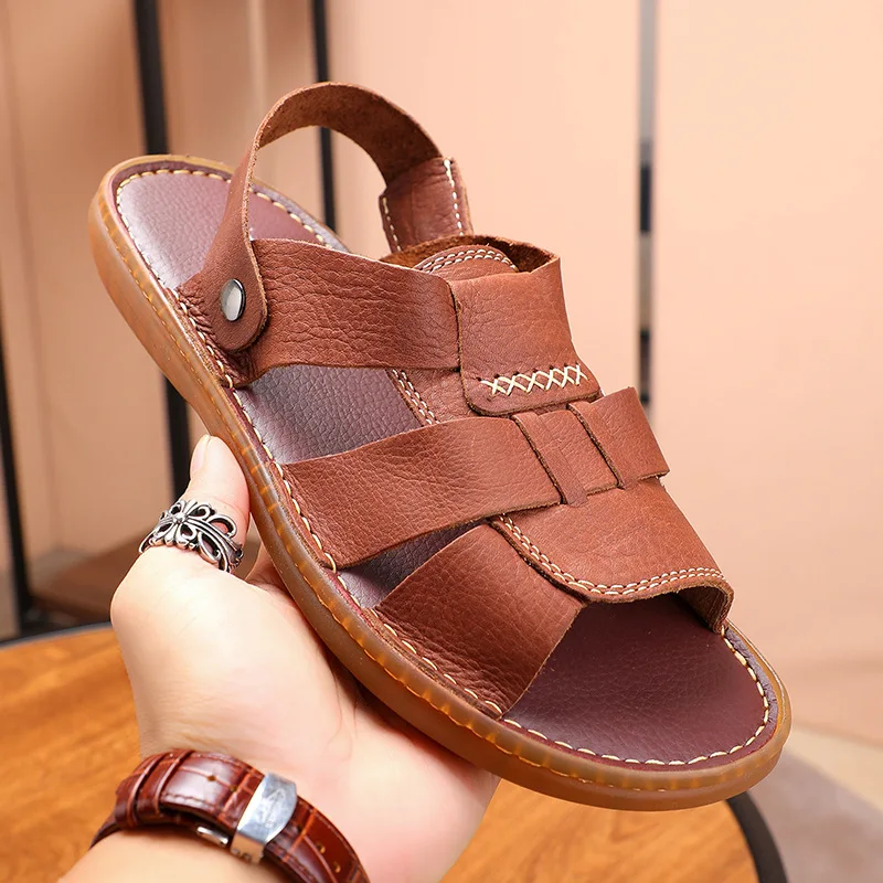 UNITYPUREMAX™ Men’s Premium Genuine Leather 2-in-1 Sandals – Breathable Summer Driving Slippers with Flexible TPR Sole 1