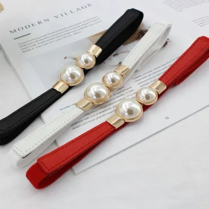 UNITYPUREMAX™ Elegant Double Pearls Belt – Thin PU Leather Elastic Waist Strap for Women 2