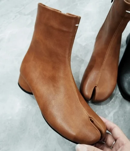 UNITYPUREMAX™ Women’s PU Leather Tabi Ankle Boots – Split Toe Zip Round Heel Modern Boots 1