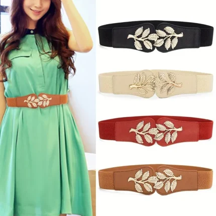 UNITYPUREMAX™ Gold Leaf Elastic Waist Belt – Wide Fashion Belt with Double Hook Buckle for Women Dresses & Skirts 2