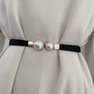 UNITYPUREMAX™ Elegant Double Pearls Belt – Thin PU Leather Elastic Waist Strap for Women 1