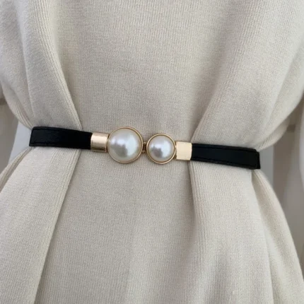 UNITYPUREMAX™ Elegant Double Pearls Belt – Thin PU Leather Elastic Waist Strap for Women 1