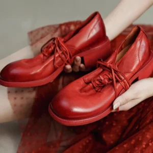 UNITYPUREMAX™ Handmade Horsehide Leather Pumps – Retro British Square Heel Lace-Up Shoes 1