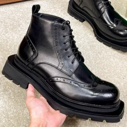 UNITYPUREMAX™ Genuine Leather Brogue Motorcycle Boots – Thick Sole British Ankle Boots for Men 1