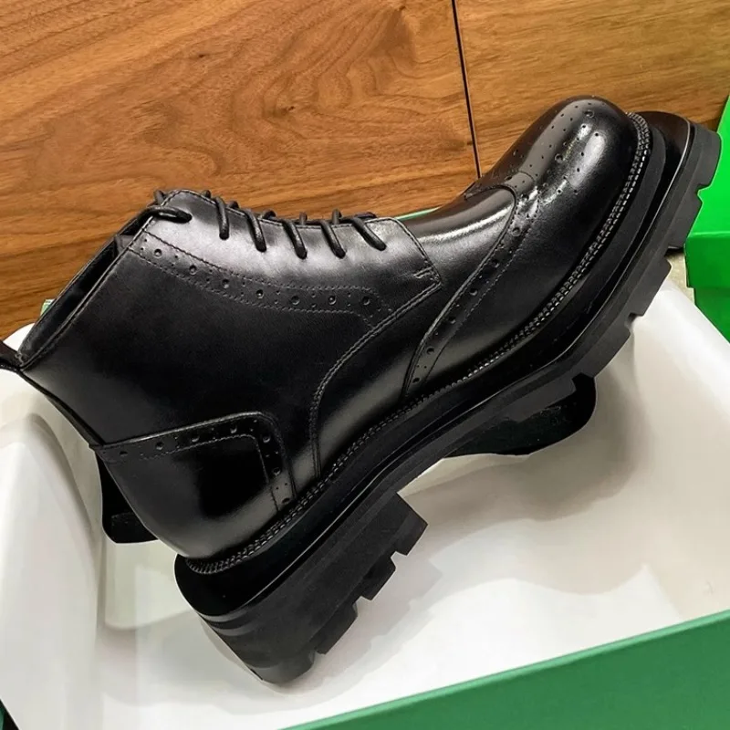 UNITYPUREMAX™ Genuine Leather Brogue Motorcycle Boots – Thick Sole British Ankle Boots for Men 6