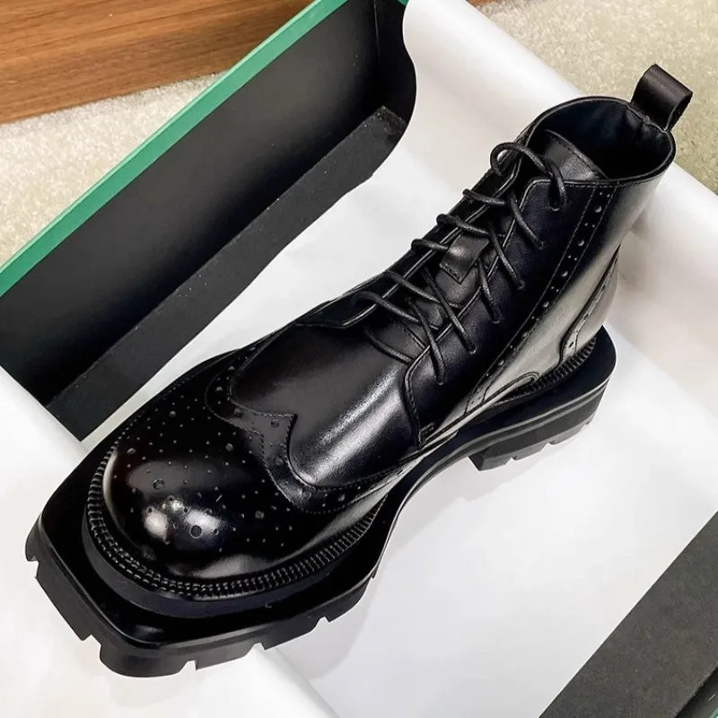 UNITYPUREMAX™ Genuine Leather Brogue Motorcycle Boots – Thick Sole British Ankle Boots for Men 2