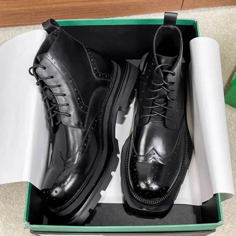 UNITYPUREMAX™ Genuine Leather Brogue Motorcycle Boots – Thick Sole British Ankle Boots for Men 3