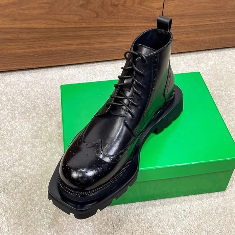 UNITYPUREMAX™ Genuine Leather Brogue Motorcycle Boots – Thick Sole British Ankle Boots for Men 4