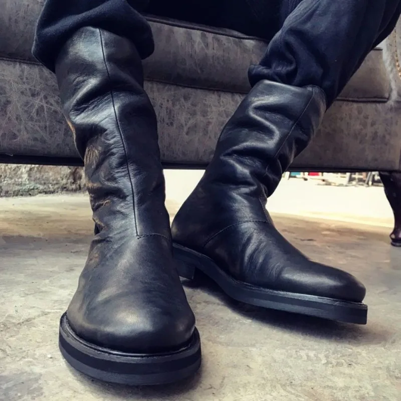 UNITYPUREMAX™ Mens Retro Style Horsehide Pointed Toe Platform Ankle Boots - Genuine Leather Zipper Low-Heel Footwear 9