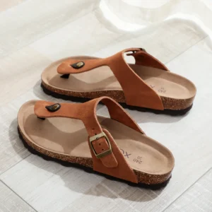 CorkEase™ Women’s Leather Summer Cork Sandals – Outdoor Pull-On Flip Flop Slippers for Beach & Everyday Wear 1