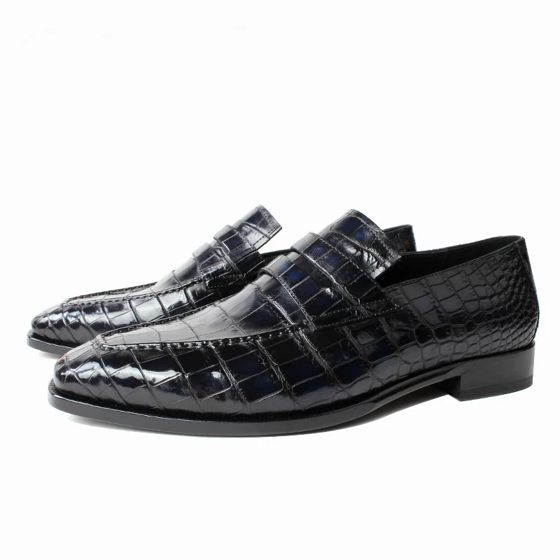 Men's 100% Genuine Navy Blue Crocodile Skin Penny Loafer Shoes | Waterproof Luxury | UNITYPUREMAX™ 5 Men's 100% Genuine Navy Blue Crocodile Skin Penny Loafer Shoes | Waterproof Luxury | UNITYPUREMAX™ 5