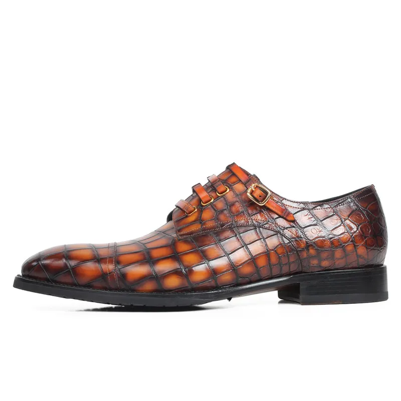Men's 100% Genuine Crocodile Skin Derby Shoes | Gold Buckle Strap Amber Cognac | UNITYPUREMAX™ 1 Men's 100% Genuine Crocodile Skin Derby Shoes | Gold Buckle Strap Amber Cognac | UNITYPUREMAX™ 1
