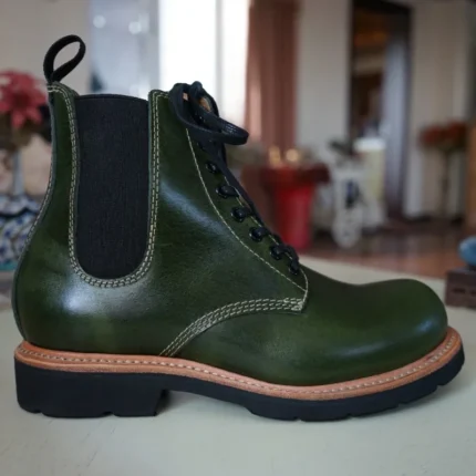 Men's Genuine Leather Hybrid Chelsea Lace-Up Motorcycle Boots | Goodyear Welt Green | UNITYPUREMAX™ 1
