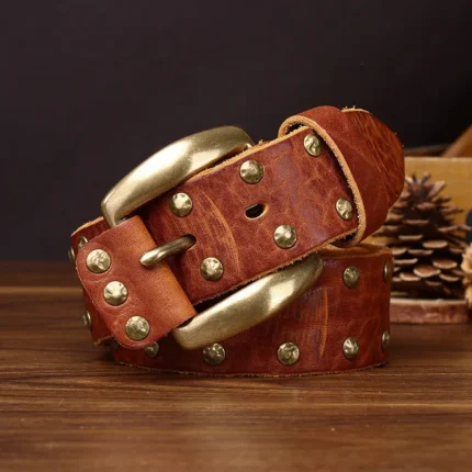 Genuine Men's Distressed Cowhide Leather Belt | Handmade Rivet Brass Buckle Belt | UNITYPUREMAX™ 1
