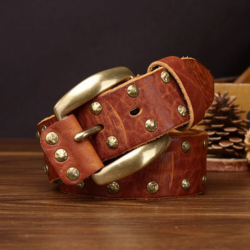 Genuine Men's Distressed Cowhide Leather Belt | Handmade Rivet Brass Buckle Belt | UNITYPUREMAX™ 1 Genuine Men's Distressed Cowhide Leather Belt | Handmade Rivet Brass Buckle Belt | UNITYPUREMAX™ 1