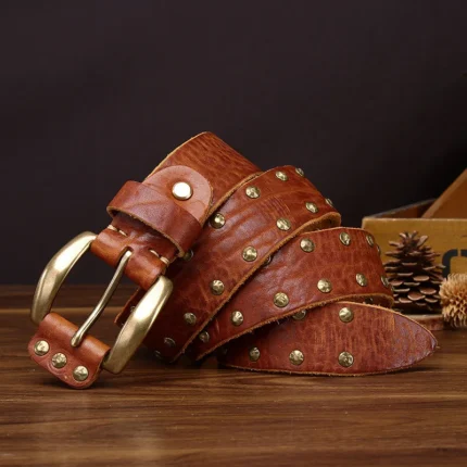 Genuine Men's Distressed Cowhide Leather Belt | Handmade Rivet Brass Buckle Belt | UNITYPUREMAXâ„¢ 2