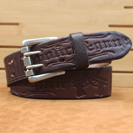Men's Double Pin Buckle Genuine Leather Belt | Handmade Embossed Cowhide Belt | UNITYPUREMAXâ„¢ 2