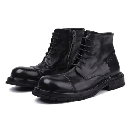 British Retro Genuine Leather Motorcycle Boots | Side Zip Lace-Up | Thick Platform | Handmade | UNITYPUREMAX™ 2