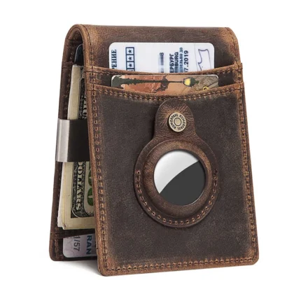 Handmade Genuine Cow Leather AirTag Wallet with RFID Blocking | Slim Minimalist Money Clip Wallet | UNITYPUREMAX™ 1