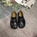 UNITYPUREMAX™ Genuine Women's Black Crackle Leather Tabi Loafers – Split Toe Chunky Sole Flats