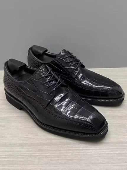 UNITYPUREMAX™ Men's Crocodile Skin Lace-Up Derby Shoes – Black Pointed Toe Low-Heel Business Shoes 1