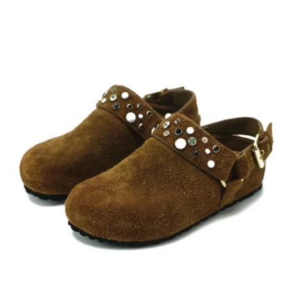 UNITYPUREMAX™ Women’s Genuine Suede Rhinestone Studded Mule Clogs – Buckle-Strap Cork Slip-On Flats 1