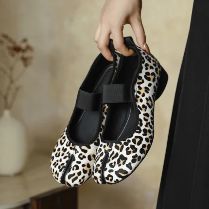 UNITYPUREMAX™ Women's Genuine Leather Horsehair Mary Jane Flats – Leopard Print Split-Toe Shoes 2