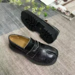 UNITYPUREMAX™ Genuine Women's Black Crackle Leather Tabi Loafers – Split Toe Chunky Sole Flats