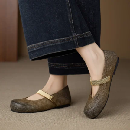 UNITYPUREMAX™ Women's Genuine Sheepskin Wax Mist Mary Jane Flats – Low Heel Ballet Shoes 3