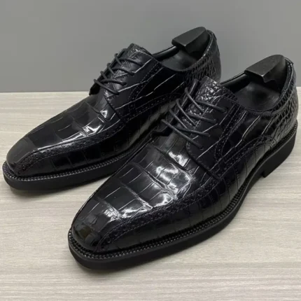 UNITYPUREMAX™ Men's Crocodile Skin Lace-Up Derby Shoes – Black Pointed Toe Low-Heel Business Shoes 10