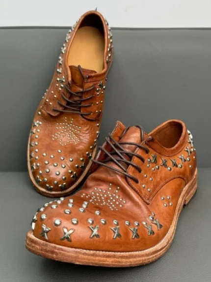 UNITYPUREMAX™ Men’s Genuine Horsehide Leather Derby Shoes – Handcrafted Punk Rivet Lace-Up Dress Shoes 1