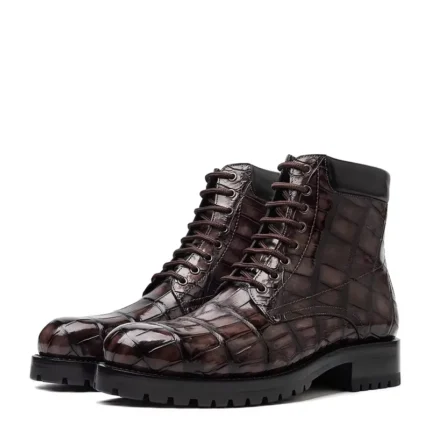 UNITYPUREMAX™ Men’s Genuine Crocodile Skin Leather Boots – Brown Lace-Up Business Ankle Boots