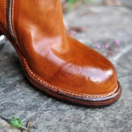 UNITYPUREMAX™ Women’s Genuine Horsehide Leather Ankle Boots – Handmade Vintage Chunky Heel Zipper Boots 9