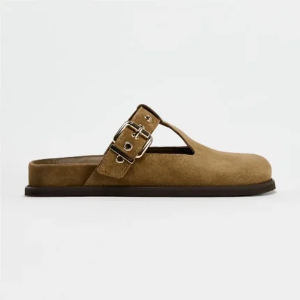 UNITYPUREMAX™ Women’s Brown Cow Suede Mules – Covered-Toe Buckle Slip-On Flats with 1 cm Heel 2