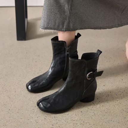 UNITYPUREMAX™ Women’s Genuine Leather Split-Toe Ankle Boots – 5 cm Square Heel Buckle Boots 1
