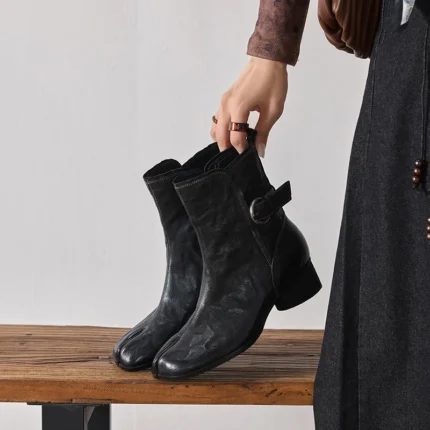 UNITYPUREMAX™ Women’s Genuine Leather Split-Toe Ankle Boots – 5 cm Square Heel Buckle Boots 2