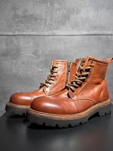 UNITYPUREMAX™ Men’s Handmade Genuine Cowhide Leather Ankle Boots – Lace-Up & Side-Zip Business Motorcycle-Inspired Boots 9