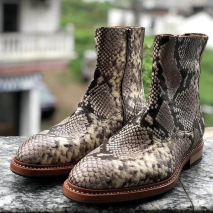 UNITYPUREMAX™ Men's White Snake-Pattern Cowhide Leather Dress Boots – Handcrafted Pointed-Toe Zip Ankle Boots 1