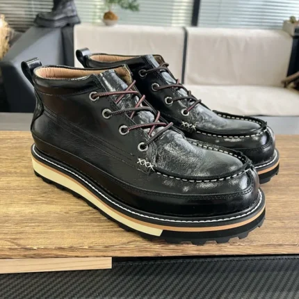 UNITYPUREMAX™ Men’s Genuine Leather Ankle Boots – Handcrafted Lace-Up Moc Toe Work-Style Motorcycle Boots 8